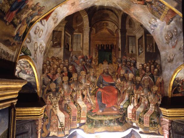 Перший Нікейський (Вселенський) собор, 325 рік. Імператор Костянтин Великий та єпископи. Києво-Печерська Лавра, Троїцька Надбрамна церква. Розпис 18 сторіччя